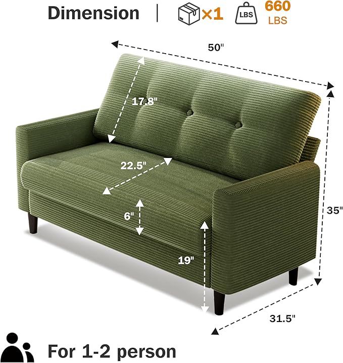 Vipbear 50 Small Loveseat Sofa Small Couch for Living Room Bedroom Office Comfy Love Seat with Deep Seat Spring Cushion Solid Wood Frame Tool-Free Assembly Green Corduroy