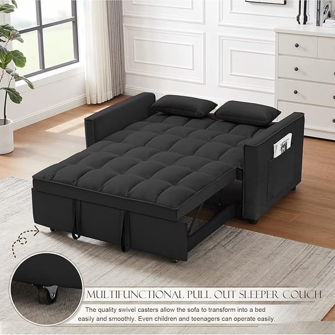 Velvet Pull Out Sleeper Sofa Bed Convertible Futon Couch Bed with Adjustable Backrests 3 in 1 Modern Loveseat with 2 Pockets and Pillows Small Love Seat for Living Room Guest Room Office Black