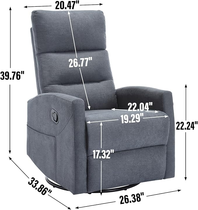PELUMY Manual Recliner Chair 360° Swivel Glider and Rocker Recliner with 155° Recline Compact Fabric Recliner for Small Space Nursery Living Room Bedroom No Tools Assembly (Grey)