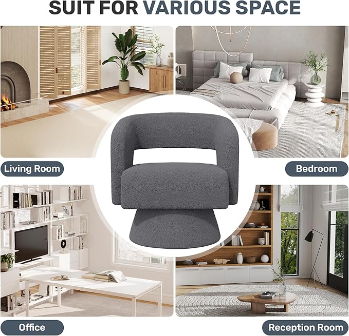 Swivel Accent Chair Modern Comfy Teddy Barrel Chairs Oversized Upholstered Round Arm Chair for Living Room Bedroom Reading Room Dark Grey 1 PCS