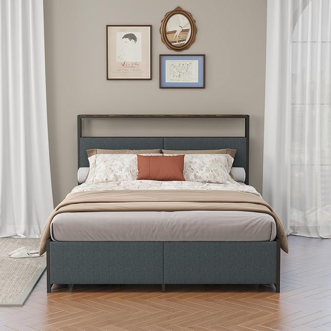 Panana Queen Bed Frame with Storage Headboard Platform Bed with 4 Drawers No Box Spring Needed Easy Assembly Fabric Grey