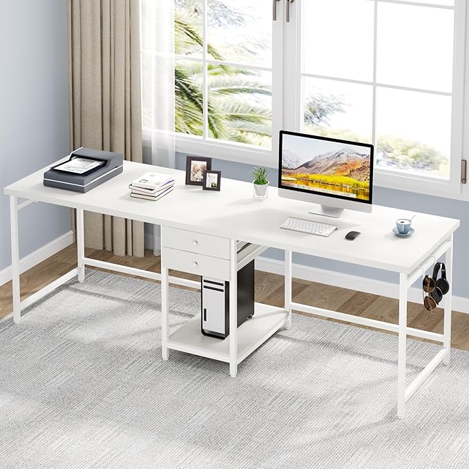 Tribesigns 78.74’’ Two Person Desk with 2 Drawers Long Double Computer Desk Gaming Table with Shelves Industrial Study Writing Table Workstation for Home Office White