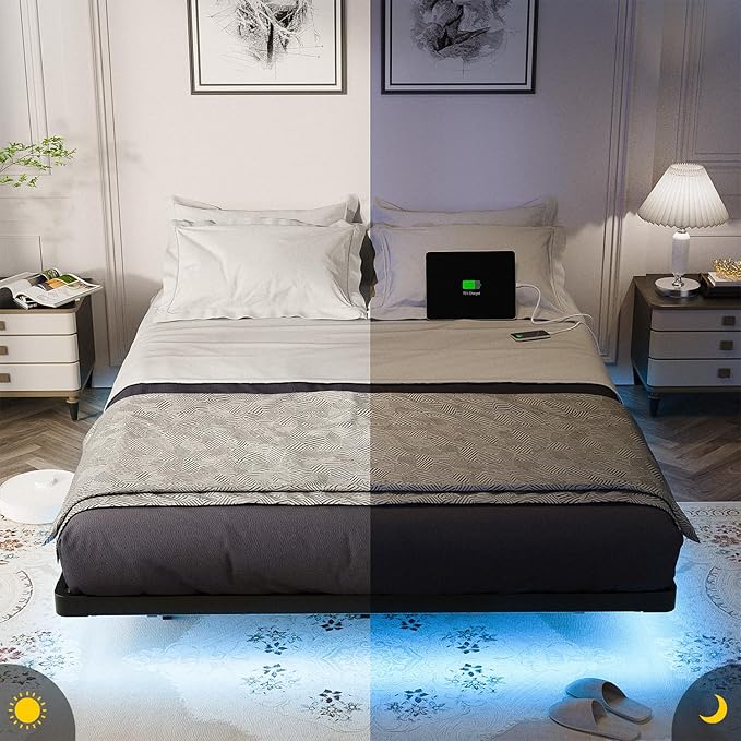 OLEVS Floating Bed Frame Queen Size with Smart LED Lights and Charging Station - Modern Metal Platform Bed Easy Assembly No Box Spring Needed