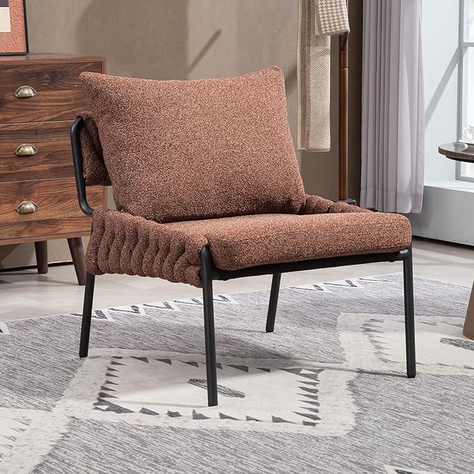 Modern Accent Lounge Chair with Braided Upholstery and Metal e Comfortable Armchair for Living Room or Bedroom Soft Cushioned Seat and Backrest Set of 1 (Brown)