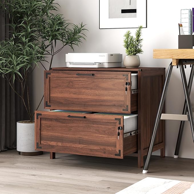 2 Drawer Farmhouse Small File Cabinet with Lock Under Desk Locking Storage Drawers Organizer Filing Cabinets for Home OfficeModern FurnitureWalnut