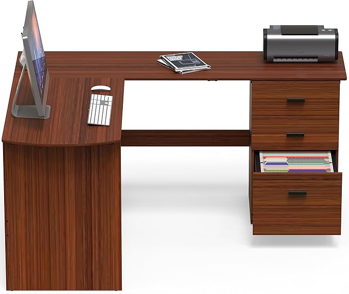 SHW 51 x 59 Inches L-Shaped Home Office Wood Corner Desk with Box Box File Drawers Walnut
