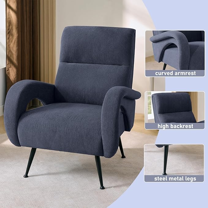 Corduroy Accent Chairs for Living Room Tufted High Back Reading Chairs for Bedroom Mid-Modern Comfy Upholstered Armchairs for Bedroom Reading Nook Apartment Navy Blue