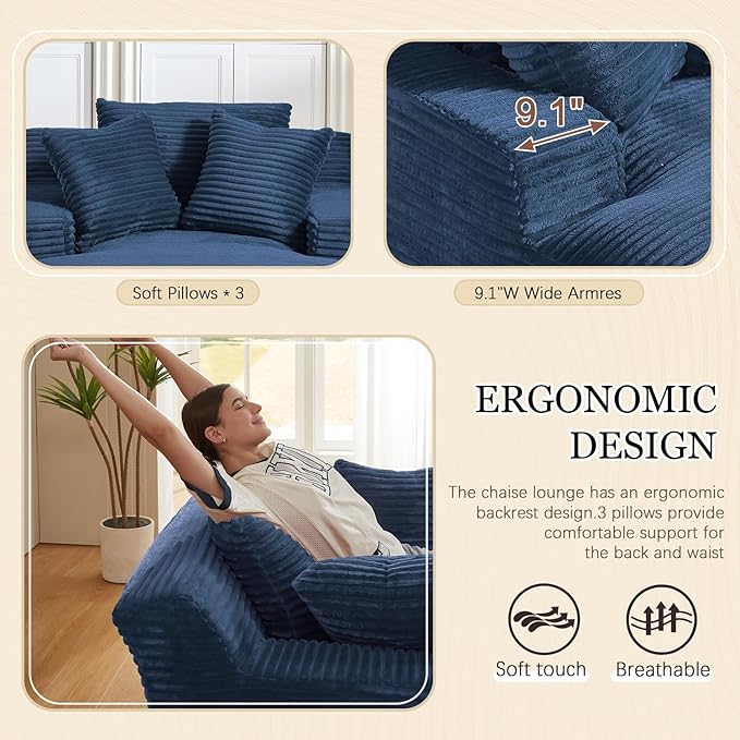 67 Inch Oversized Chaise Lounge Chair IndoorBoneless Corduroy Sofa Bed with Spring CushionDeep Seat Cloud Couch and Reading LoungerSoft Sleeper Sofa for Living RoomNo Assembly Required (Blue)