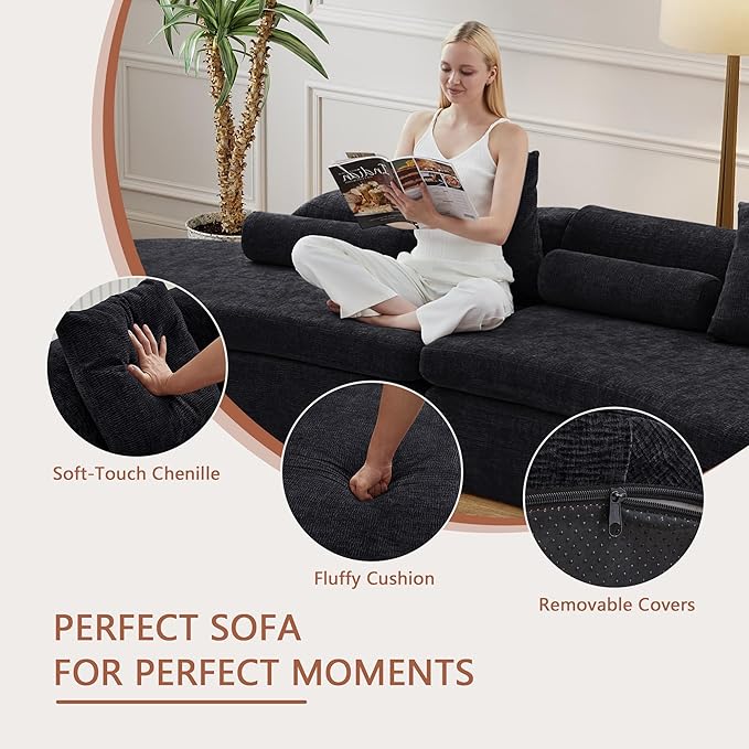 Modern 260 Curved Modular Sectional Sofa Extended 4-Seater Sofa Seats Up for 8 Chenille Foam Curved Modular Couch with Pillow for Apartment Living Room BedroomOffice (L+2M+R Black)