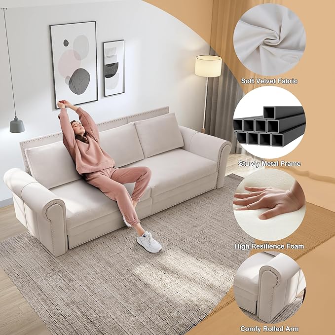 Oversized Sleeper Sofa Couch Convertible Sleeper Sofa Bed for Living Room Bedroom Classic 3-in-1 Pullout Couch Bed Chesterfield Style (Beige Without Ottoman)