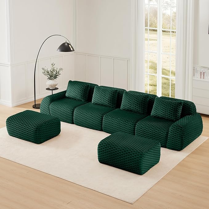 146 Boneless Couches for Living Room Oversized U-Shaped Couch with Buckle Connection Anti-Slip Design Flannelette Fabric Modular Sectional Sofa with Deep Seat (Green 4 Seat + 2 Ottoman)
