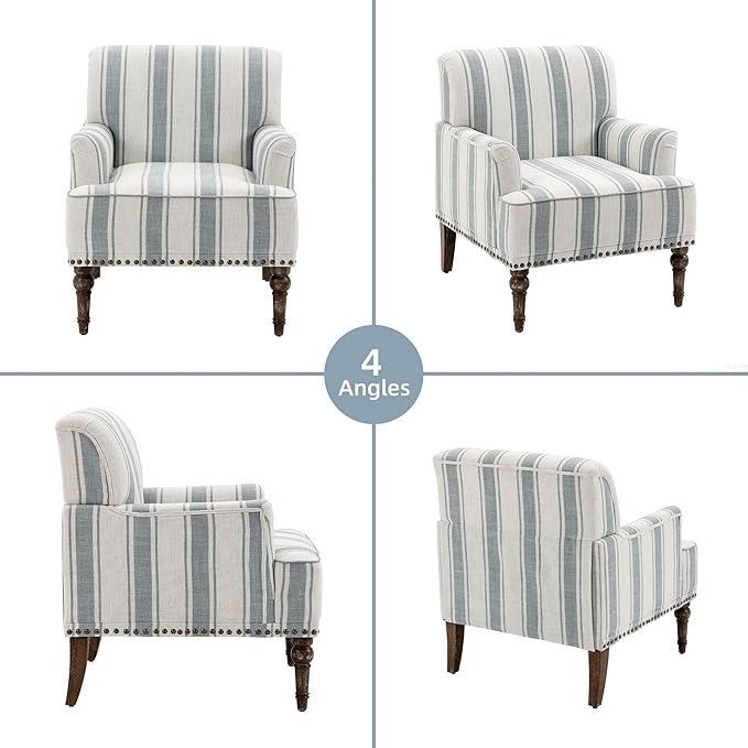 Accent Chair Stripe Armchair for Small Space Comfy Upholstered Club Arm Chair in Fabric Single Reading Chair for Living Room Bedroom Office(Blue Stripe)
