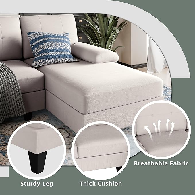 Shintenchi U-Shaped Sectional Couches for Living Room 4 Seat Sofa with Double Chaise LoungesSolid Wood Frame Sectional Sofa for ApartmentCreamy White