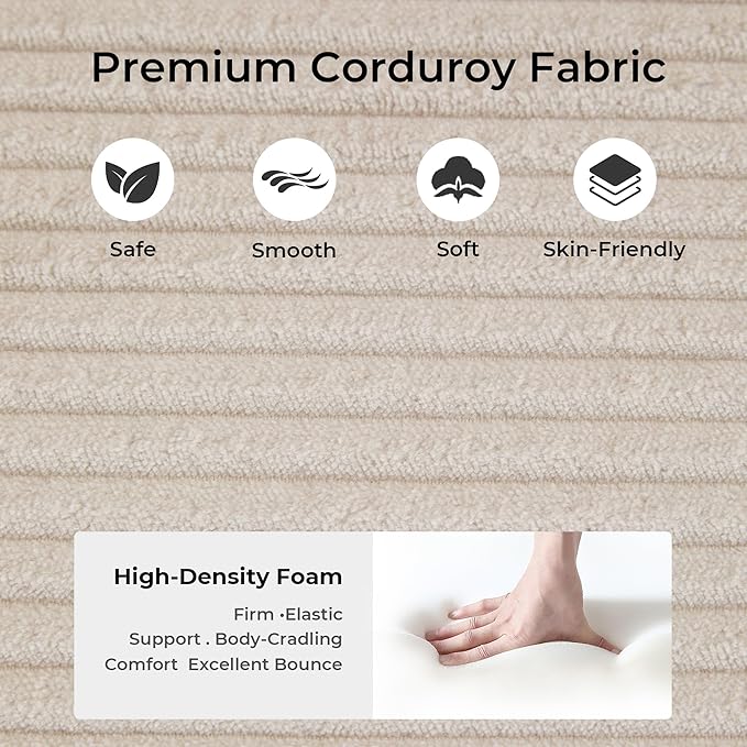 WELAX 77 Convertible Sleeper Sofa Bed Boneless Cloud Queen Futon Couches with 2 Pillows &amp Removable Armrests Corduroy Folding Floor Couch No Assembly for Bedroom Living Room Light Grey