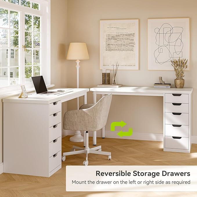 LITTLE TREE Computer Desk with 5 Drawers 47 Inch White Modern Simple Study Writing Desk with Metal Frame Work Desk for Home Office