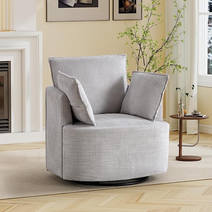 Bonzy Home 360° Swivel Accent Chair Comfy Corduroy Swivel Barrel Chair with 2 Soft Pillows Single Sofa for Living Room Bedroom Light Grey