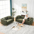 Green Cloud Sofa Set 2 Piece Living Room Furniture Modern Comfy Overstuffed Deep Seat Curved Sofas with Gold Legs &amp Pillows Foam Upholstered Teddy Loveseat with Round Arm (Green Couch and Lovese
