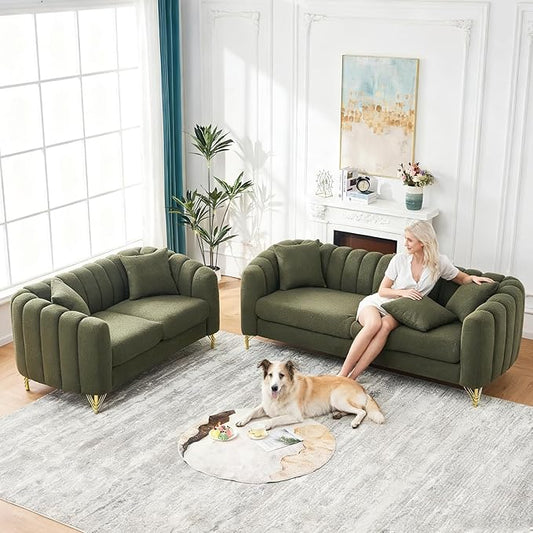 Green Cloud Sofa Set 2 Piece Living Room Furniture Modern Comfy Overstuffed Deep Seat Curved Sofas with Gold Legs &amp Pillows Foam Upholstered Teddy Loveseat with Round Arm (Green Couch and Lovese