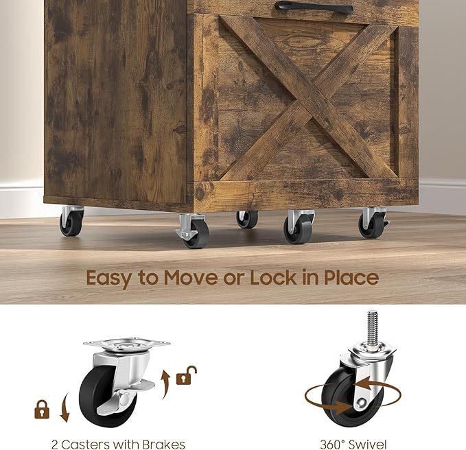 2 Drawer Small File Cabinet with Wheels Farmhouse Vertical Filing Cabinet Fits A4 or Letter Size Under Desk Rolling File Cabinets for Home Office Wooden Printer Stand Brown