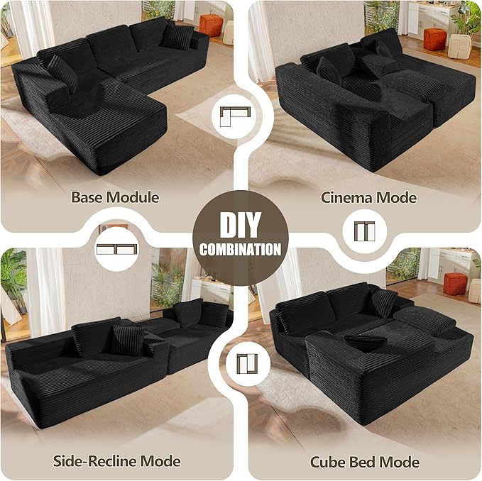 Bashaw 108 Cloud Sectional Couch Sofa with L-Shape Chaise Modern Modular Sofa Couch Upholstered Couches for Living Room Bedroom No Assembly Required (Black L Shape)