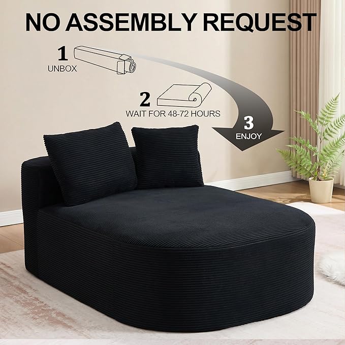 46 Chaise Lounge Chair Indoor Cloud Sleeper Sofa Bed with Pillows Corduroy Upholstered Sofa Couch for Living Room Apart No Assembly Required Black