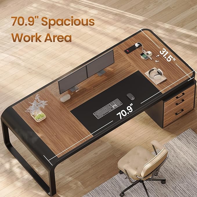 Itaar 70.9 Executive Desk Large Computer Desk with Drawers and Lateral File Cabinet Office Desk with Removable Shelves Business Furniture Desk Workstation for Home Office Brown