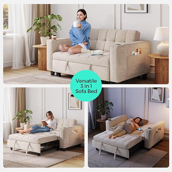 LINSY 3-in-1 Convertible Sofa Bed 54 Pull Out Sleeper Sofa with Charging Station &amp Cup Holder Small Folding Loveseat with Side Pocket for Small Space Corduroy Couch Beige