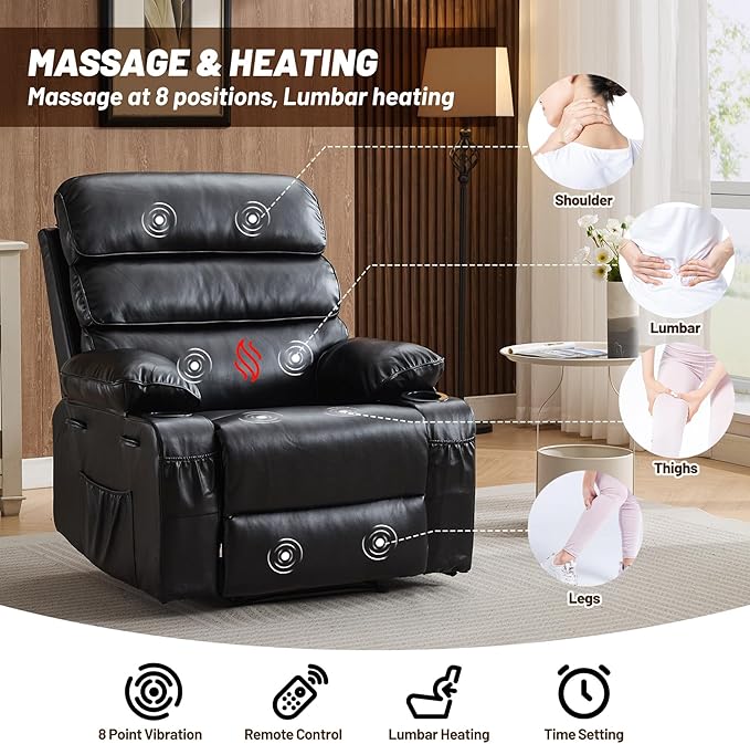 Recliner Chair Modern Ergonomic Lounge Single SofaPU Leather Rocker Recliner Chairs with Massage and Heat &amp Adjustable Backrest and Footrest for AdultNurseryBlack