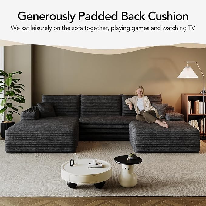 107.7 Boneless Sectional Couch Modern Modular U - Shape Corduroy Upholstered Sofa for Living Room - Deep Seat with Chaise and Ottoman(Black 2 Seater+Left Facing Chaise+Ottoman)