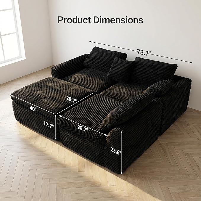 L-Shaped Corner Corduroy Sectional Sofa 4 Seat Modular Boneless Sofa Foam Cloud Couch with Movable Ottoman and Toss PillowsModern Deep Seat Convertible Chaise Sofa