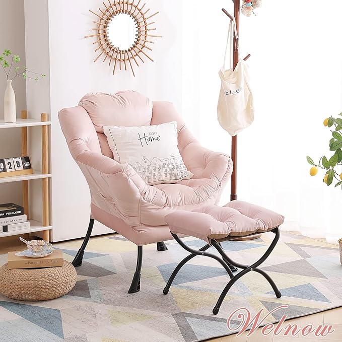 Welnow Lazy Chair with Ottoman Modern Accent Chair with Armrests and a Side Pocket Leisure Sofa Armchair Reading Armchair with Footrest for Small Space Pink