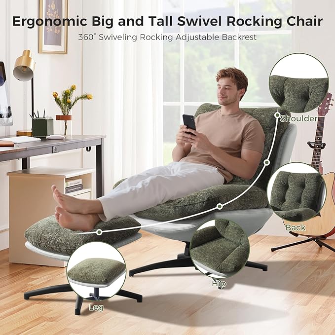 Chenille Rocking Swivel Accent Chair Set of 2 with Ottoman 360° Oversized Metal Base Swivel Rocker Accent Chair Reclining Lounge Chair Ergonomic Armchair for Living RoomBedroomOfficeGreen