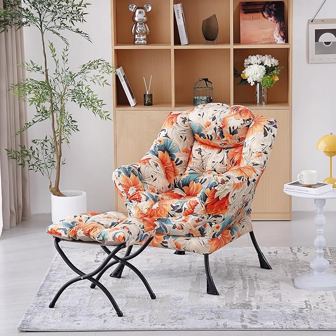 Welnow Lazy Chair with Ottoman Modern Accent Chair with Armrests and a Side Pocket Leisure Sofa Armchair Set Reading Armchair with Footrest for Small Space Orange Blue