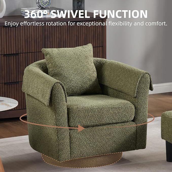 Swivel Accent Chair with Ottoman Modern Chenille Comfortable Bucket Chair with Removable Pillow Small Couch Barrel Armchair for Small Spaces Living Room Bedroom Office (Green)