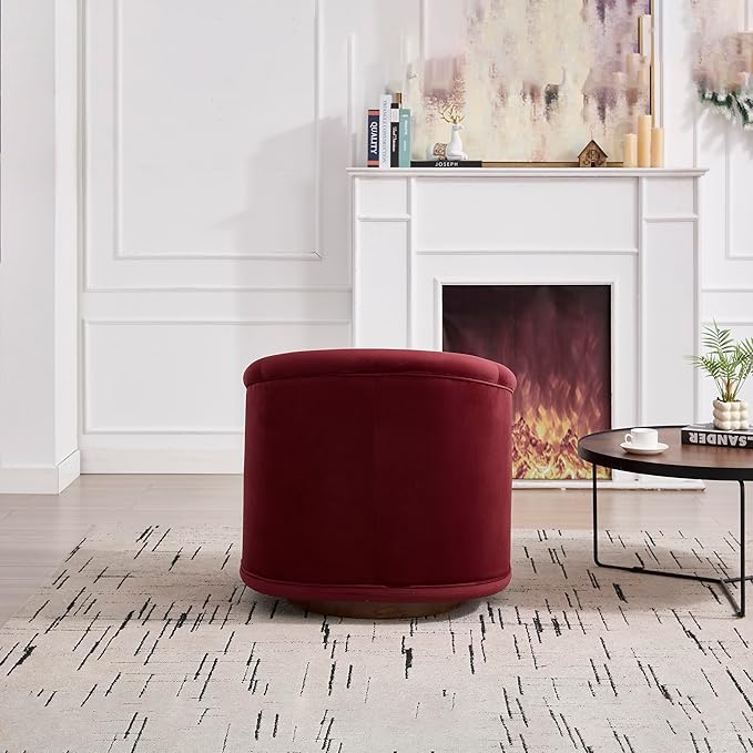 KEIKI 360° Swivel Accent Barrel Chair with Velvet Upholstery Soft Foam Cushion Sturdy Wooden Frame Comfortable and Stylish for Living Room Bedroom Office – Red