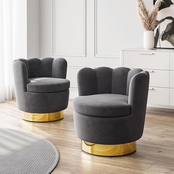 BELLEZE Swivel Accent Chair Velvet Modern Round Petal Swivel Barrel Chair 360° Upholstery Swivel Sofa Armchair Comfy Swivel Accent Chair for Living Room Bedroom - Lotus (Dark Grey)