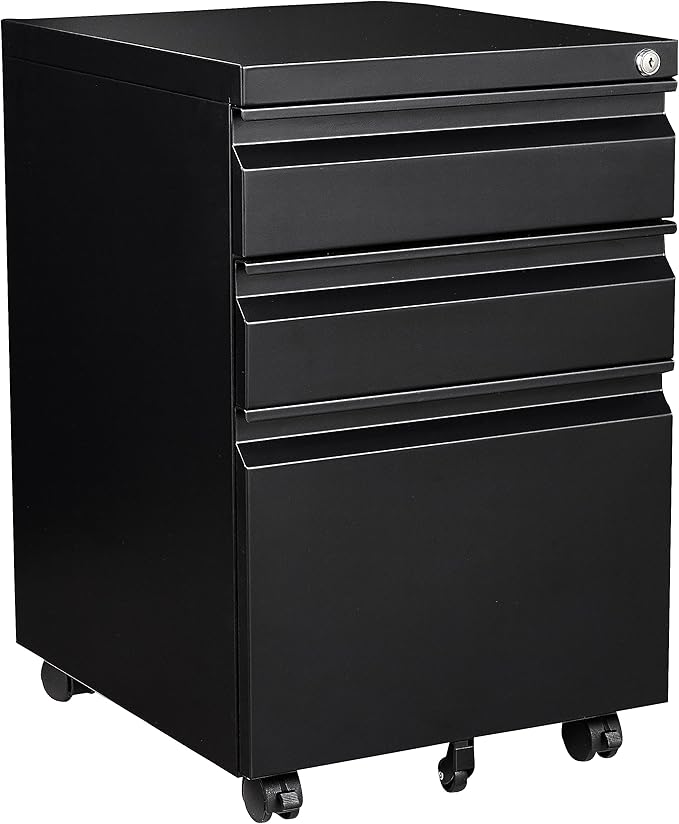 3 Drawer Mobile Metal File Cabinet Black Filling Cabinets with Lock Pre-Built Office Storage File Cabinet with Wheels Under Desk - Assembled Required