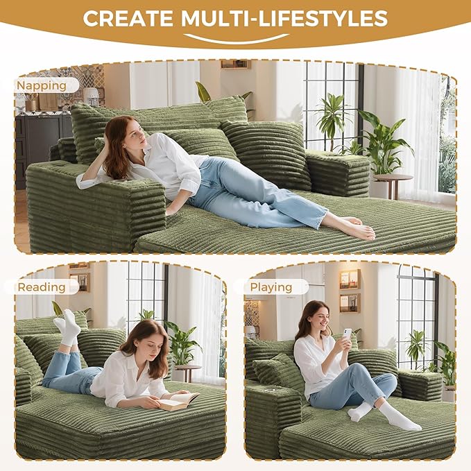 60 Chaise Lounge Indoor Upgraded Oversized Plush Faux Fur Sleeper Sofa Bed w/Pillows &amp Wide Armrests Fluffy Upholstered Reading Chairs Cloud Sofa Couches for Living Room Set of 2Green