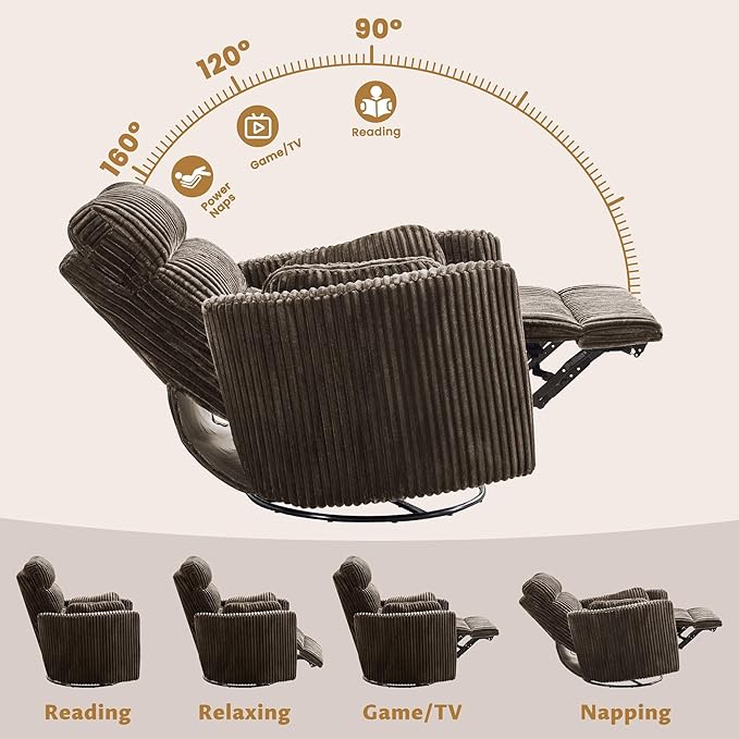 GRAINELL Oversize Power Swivel Recliner 40in Wide Electric Glider Rocking Chair with Headrest Adjustment USB Port 270° Swivel Rock 30°– for Living Room Nursery Golden Brown(57' to 61' Height)