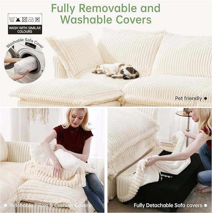 Modular Accent Armchair with Ottoman and Pillows Soft Corduroy Lounge Chair for Living Room Bedroom or Reading Nook – Oversized Chaise Lounge Design (White Single Chair)