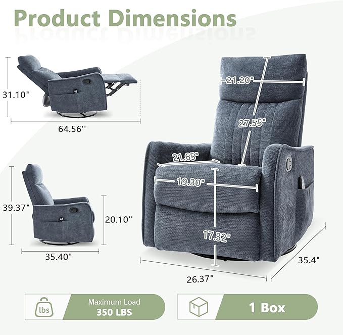 cinkehome Heated Massage Swivel Rocker Recliner Chair for Nursery - Small Space Reclining Chair with Lumbar Support 360° Swivel &amp Gentle Rocking Ergonomic High Back Chenille Fabric Blue