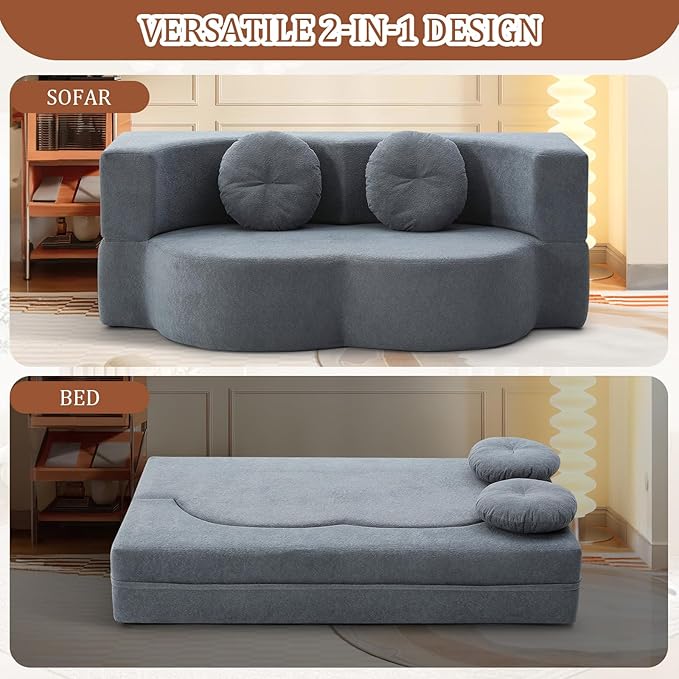 Convertible Folding Sofa Bed 75.5 Boneless Cloud Couch Loveseat Floor &amp Futon Lounge Sleeper Couches Lychee Velvet for Living Room Office Small Spaces No Assembly Required Grey