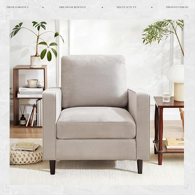 Mid Century Accent ChairModern Linen Fabric Armchair for Living RoomDouble Side Pockets Comfortable and Padded Reading Feature Sofa Chair Suitable for bedrooms Living Rooms and Offices1 Pcs