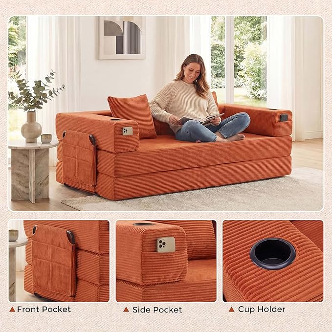 WELAX 72.8 Convertible Sleeper Sofa Bed Boneless Cloud Queen Futon Couches with Cupholders &amp Storage Pockets Corduroy Folding Floor Couch for Bedroom Apartment No Assembly Orange