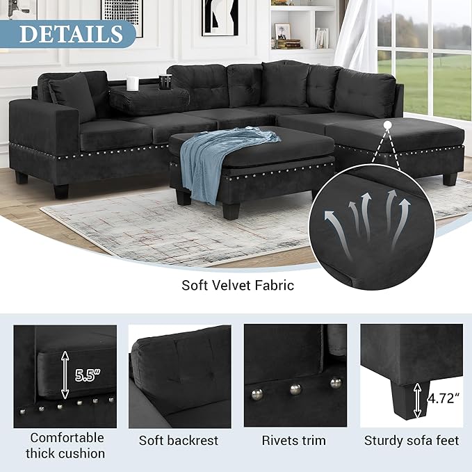 Ball &amp Cast L-Shape Sectional Couch with Storage Ottoman105 Couches for Living Room W/ 2 Pillows &amp Cup Holders6 Seat Velvet Sleeper Sofa W/Reversible ChaiseComfy Couches for ApartmentBlac