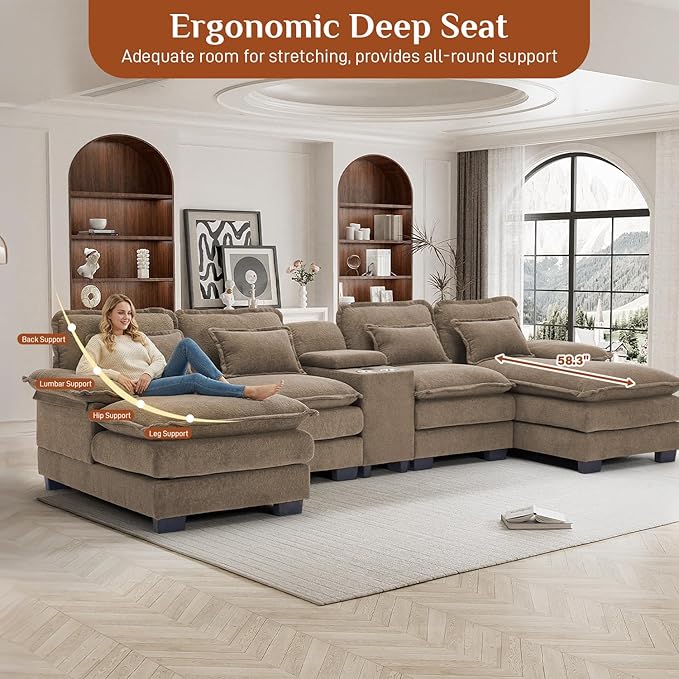 133 Oversized U Shaped Cloud Couch Modular Sectional Couches for Living Room Comfy Chenille Deep Seat Sofa Set with Double Chaise Lounge Storage Central Console Cup Holders USB Port Brown
