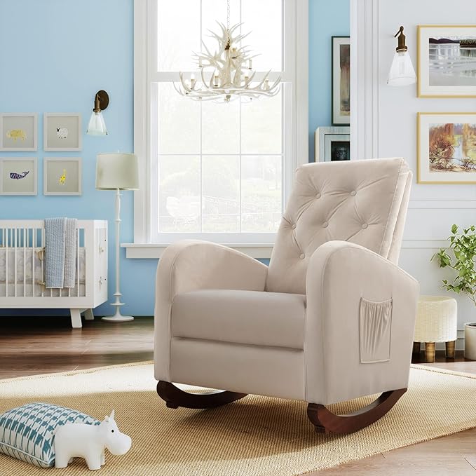 Cozy Velvet Reclining Rocking Chair with Side Storage Pocket Comfortable Button Tufted Rocker Elegant and Functional Rocking Recliner Chair Ideal for Living Room &amp Nursery Beige