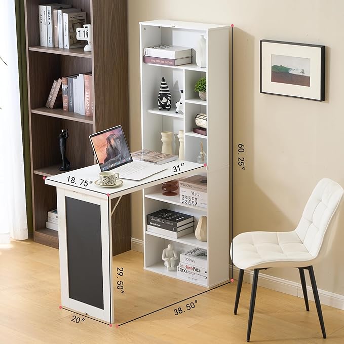 Folding Desk with StorageFoldable Convertible Writing table with Blackboard and ShelvesWall Mount Fold Out Table Cabinet  Space-Saving Murphy Desk Multi-Function Home Office Workstation (White)