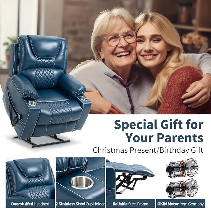 Large Power Lift Recliner Chair with Massage and Heat for Elderly Big and Tall People Dual Motor 180° Lay Flat Overstuffed Wide Leather Recliners with 2 Cup Holders Side Pocket