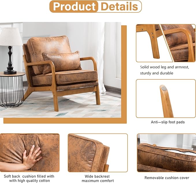 Accent Chair for Living Room Mid-Century Modern Upholstered Armchair with PillowReading Arm ChairComfy Accent Chair for Bedroom
